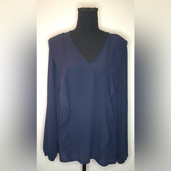Banana Republic-Navy blue Ruffled‎ Long-Sleeve Blouse Size M - Picture 2 of 6